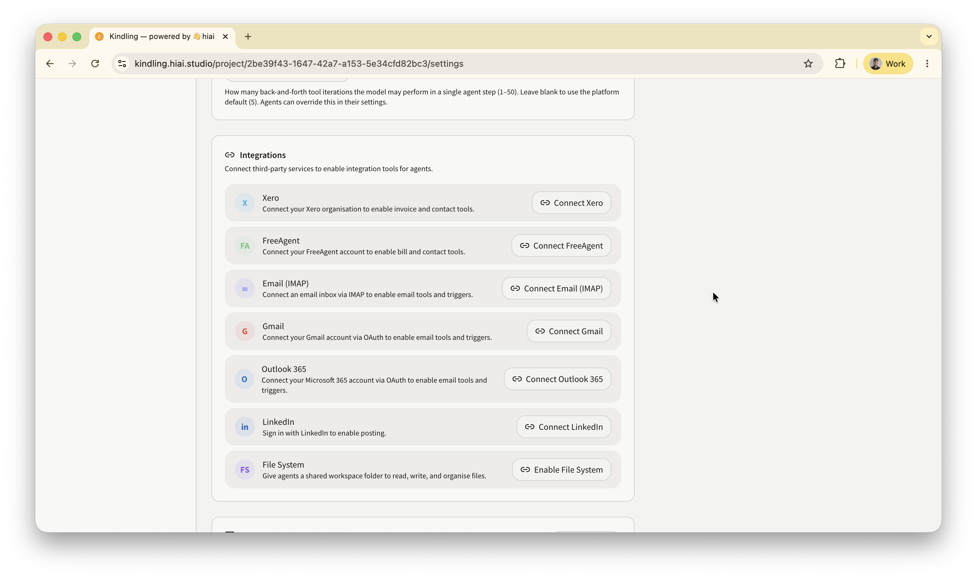 Kindling Project Settings showing the Integrations panel with Gmail and FreeAgent available to connect