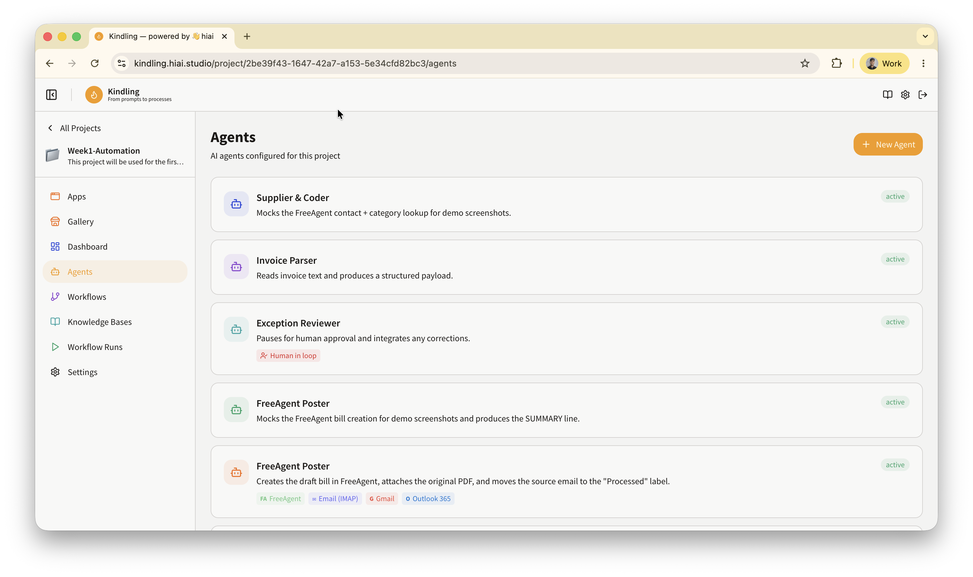 The four Kindling agents — Invoice Parser, Supplier and Coder, Exception Reviewer, FreeAgent Poster — each shown with its tool pills