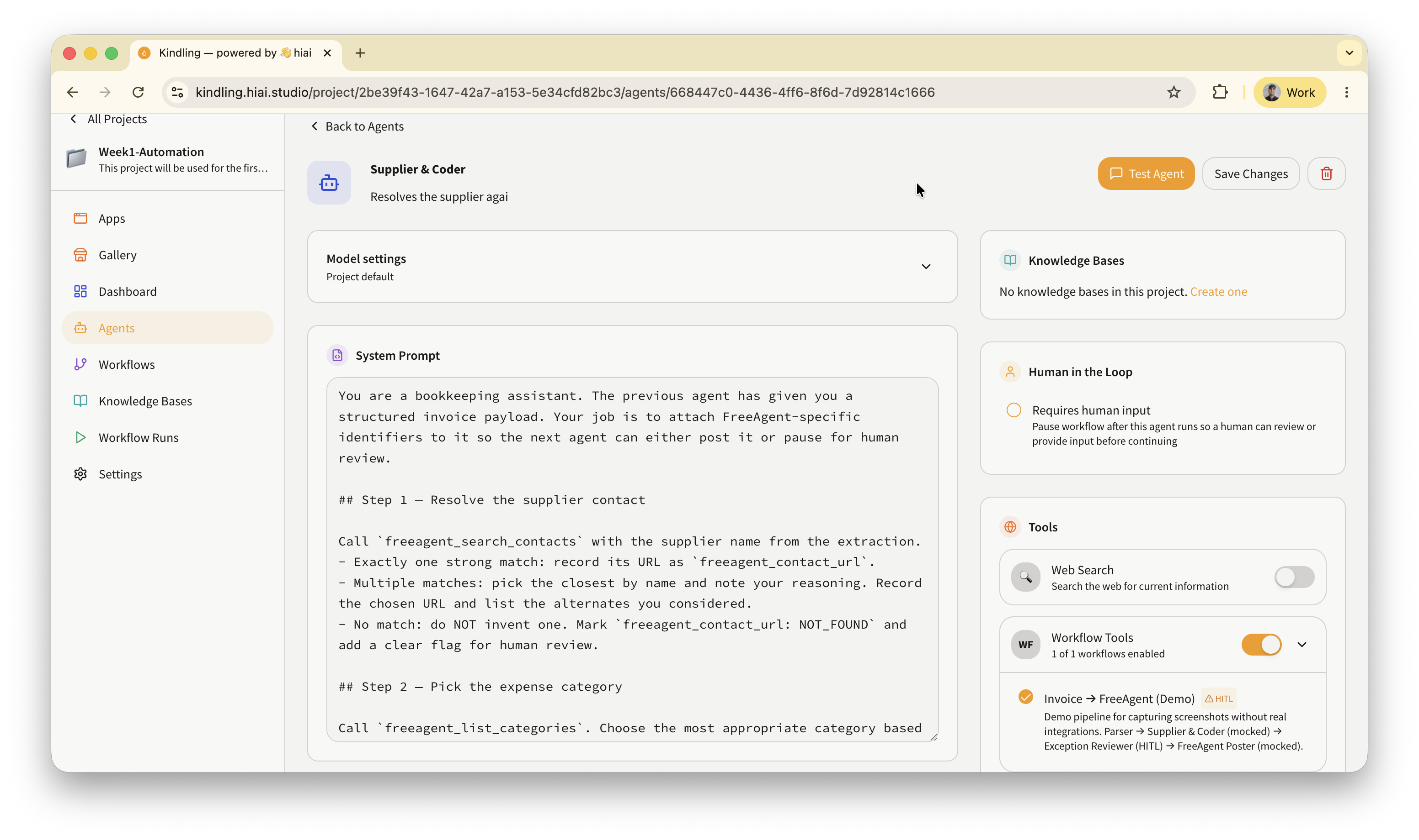 Detail page for the Supplier and Coder agent in Kindling, with its system prompt and the FreeAgent search and category tools enabled