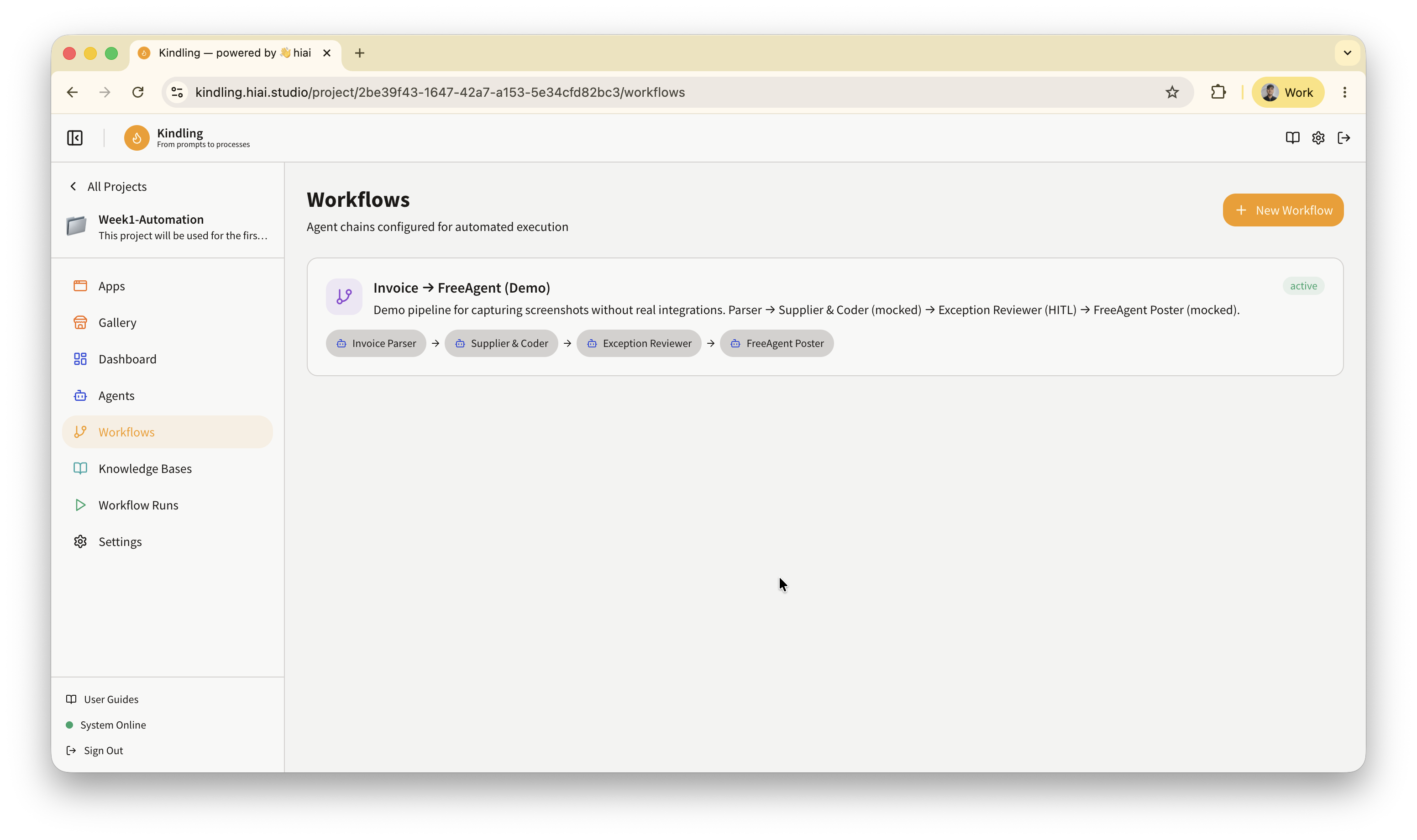 The Invoice to FreeAgent workflow shown as a chain of four agents in order