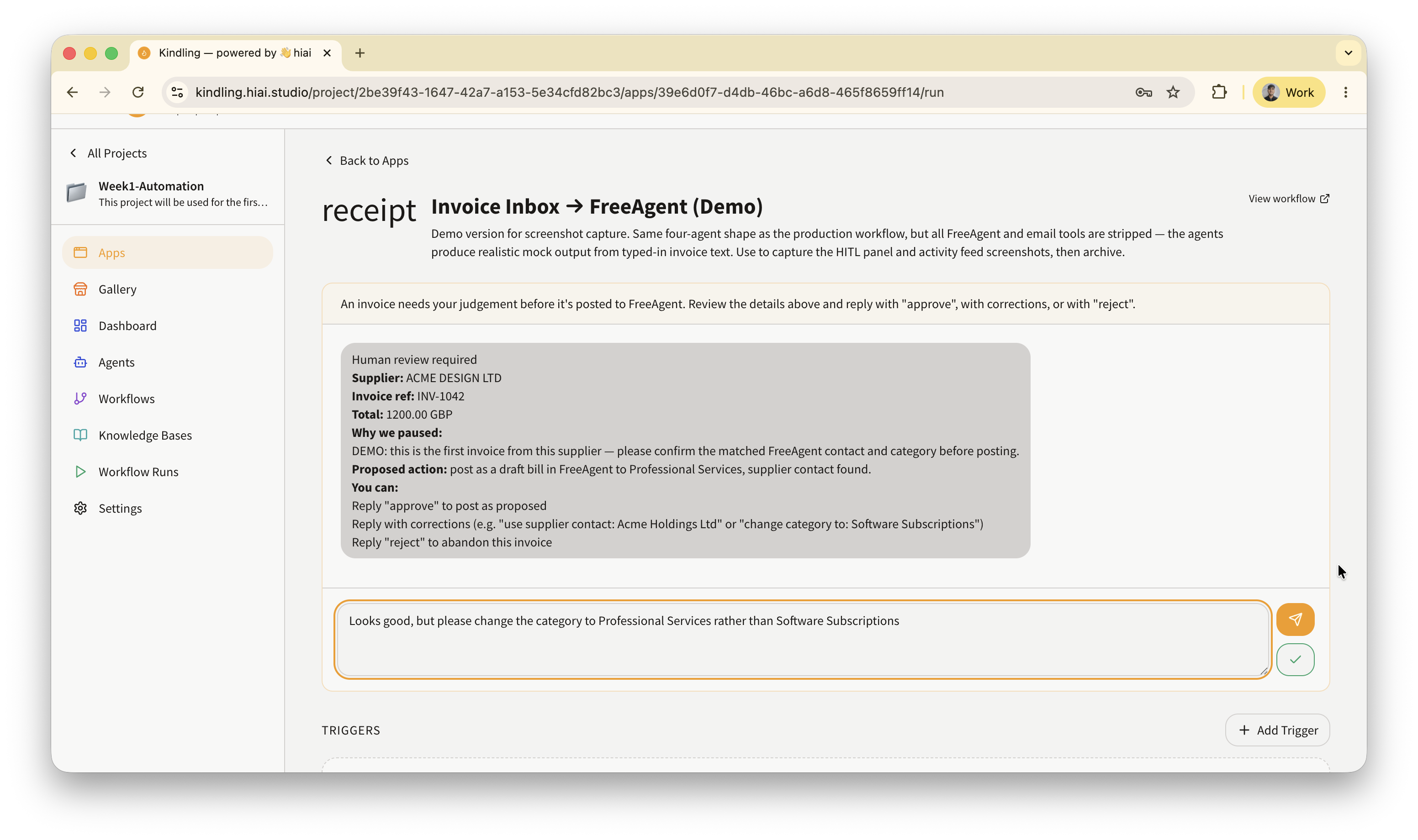 The human-in-the-loop refinement chat panel in Kindling, showing the Exception Reviewer's review summary, a human refinement message, and the agent's revised output below