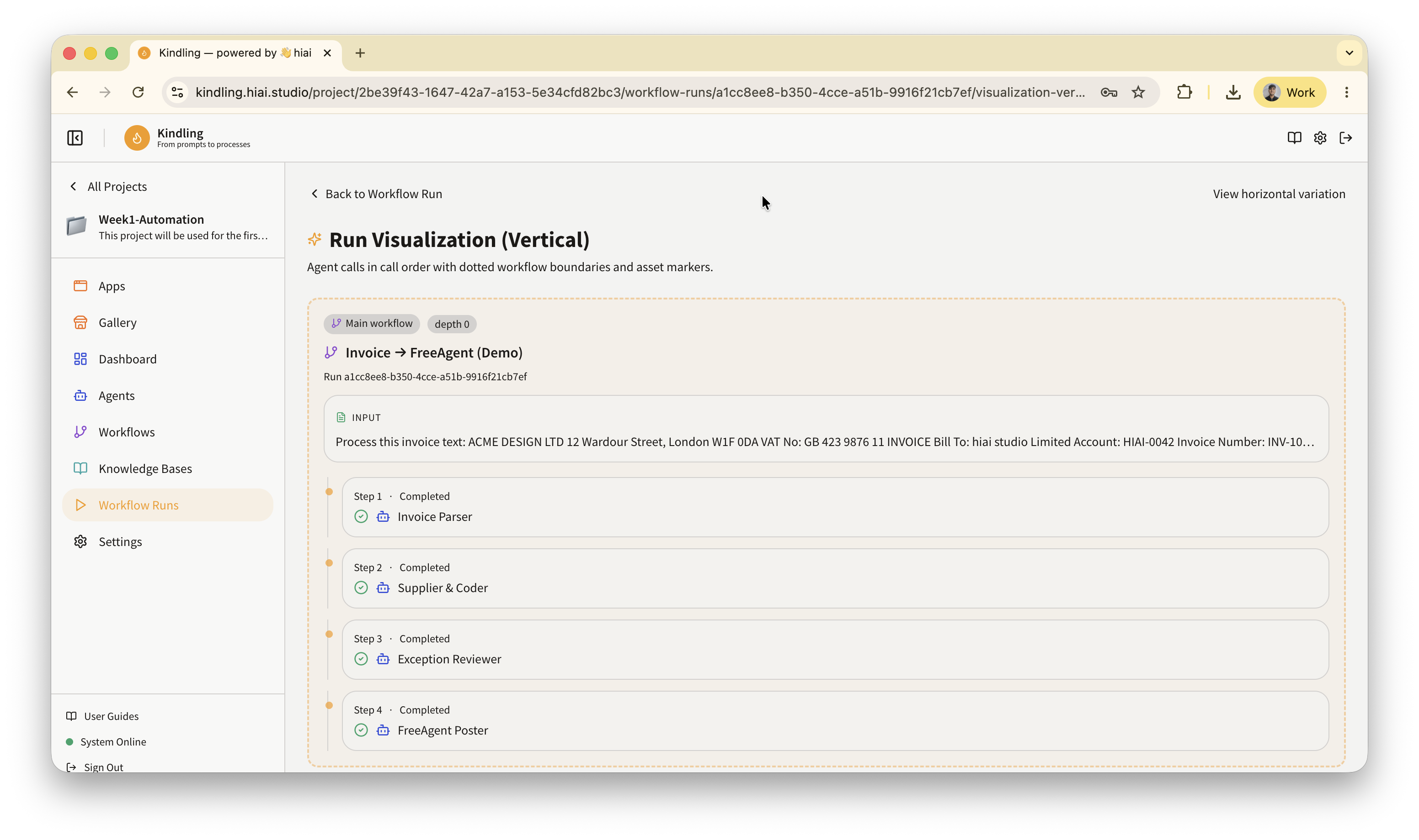 The Kindling project dashboard activity feed showing several completed workflow runs, each with a one-line summary describing the bill that was created